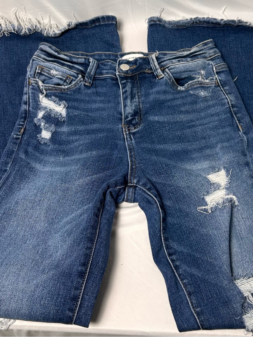 Flying Monkey Indigo Distressed High Rise Super Flare Jeans - Picture 6 of 7
